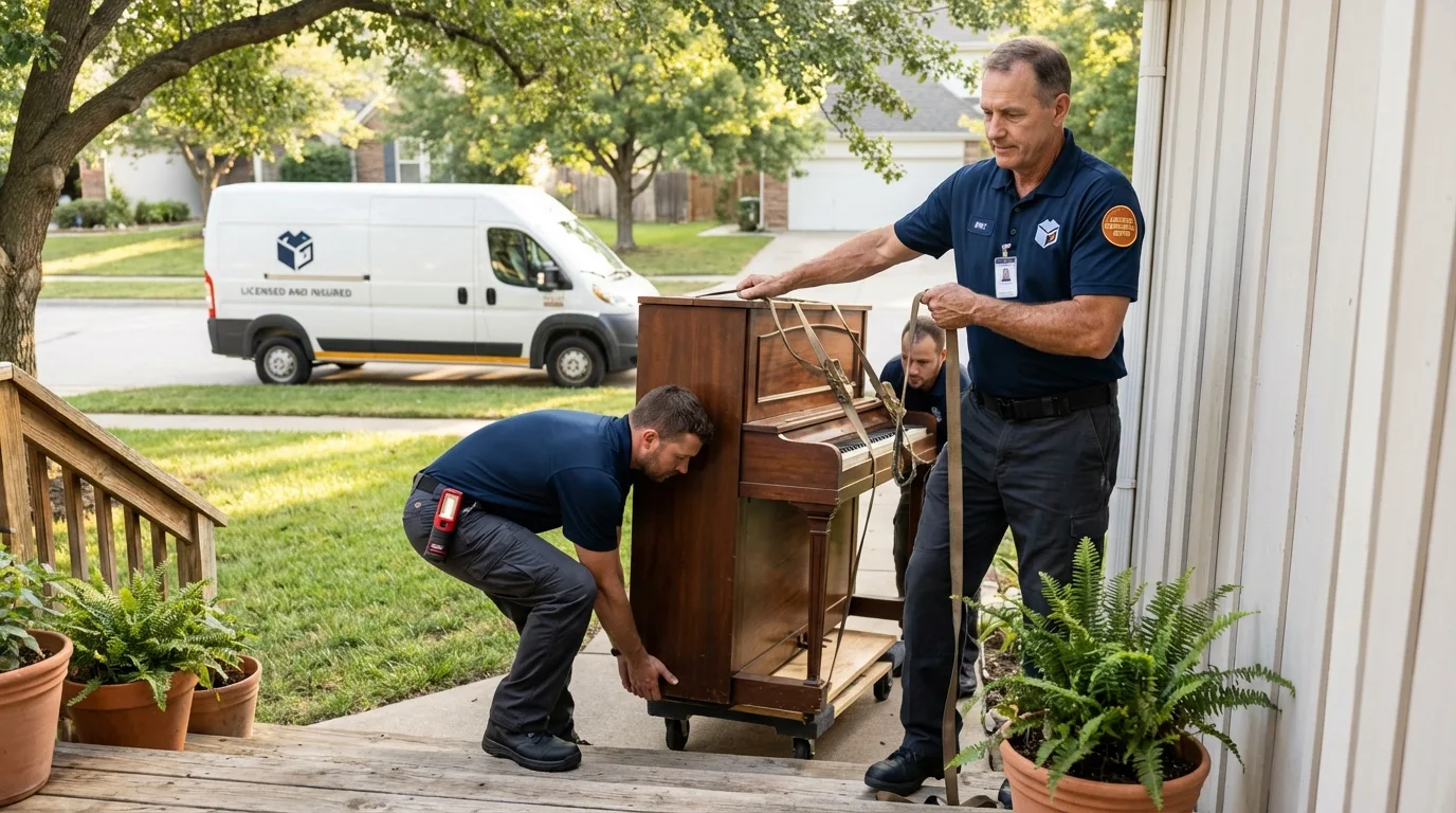 Licensed piano movers securing grand piano in Umatilla, FL