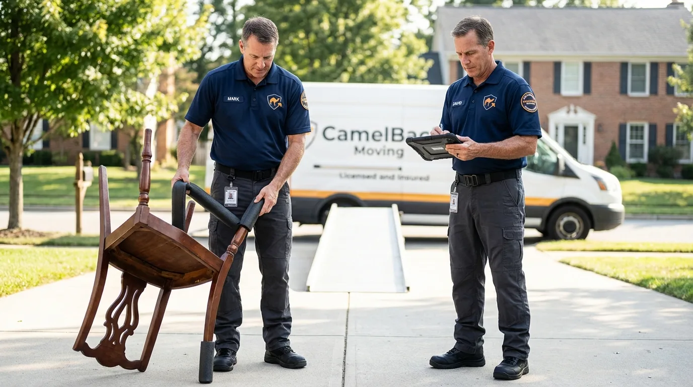 Movers inspecting furniture for damage prevention before loading in Umatilla, FL